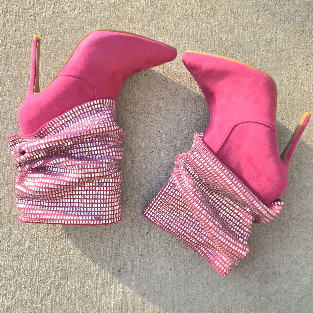 Fashion Nova Fuchsia,Pink Rhinestone Heeled Booties